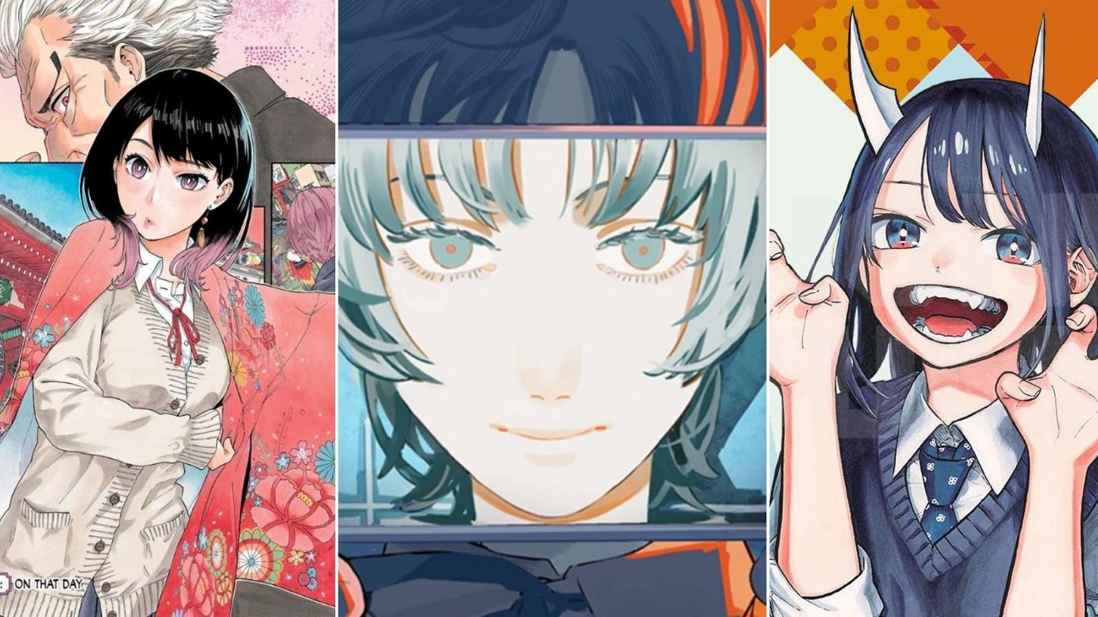 Collage image of 3 young girls in 3 different manga cover art pieces
