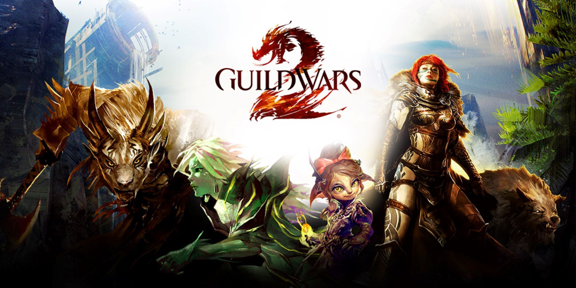 Promotional banner including logo and 5 characters of varying fantasy races 