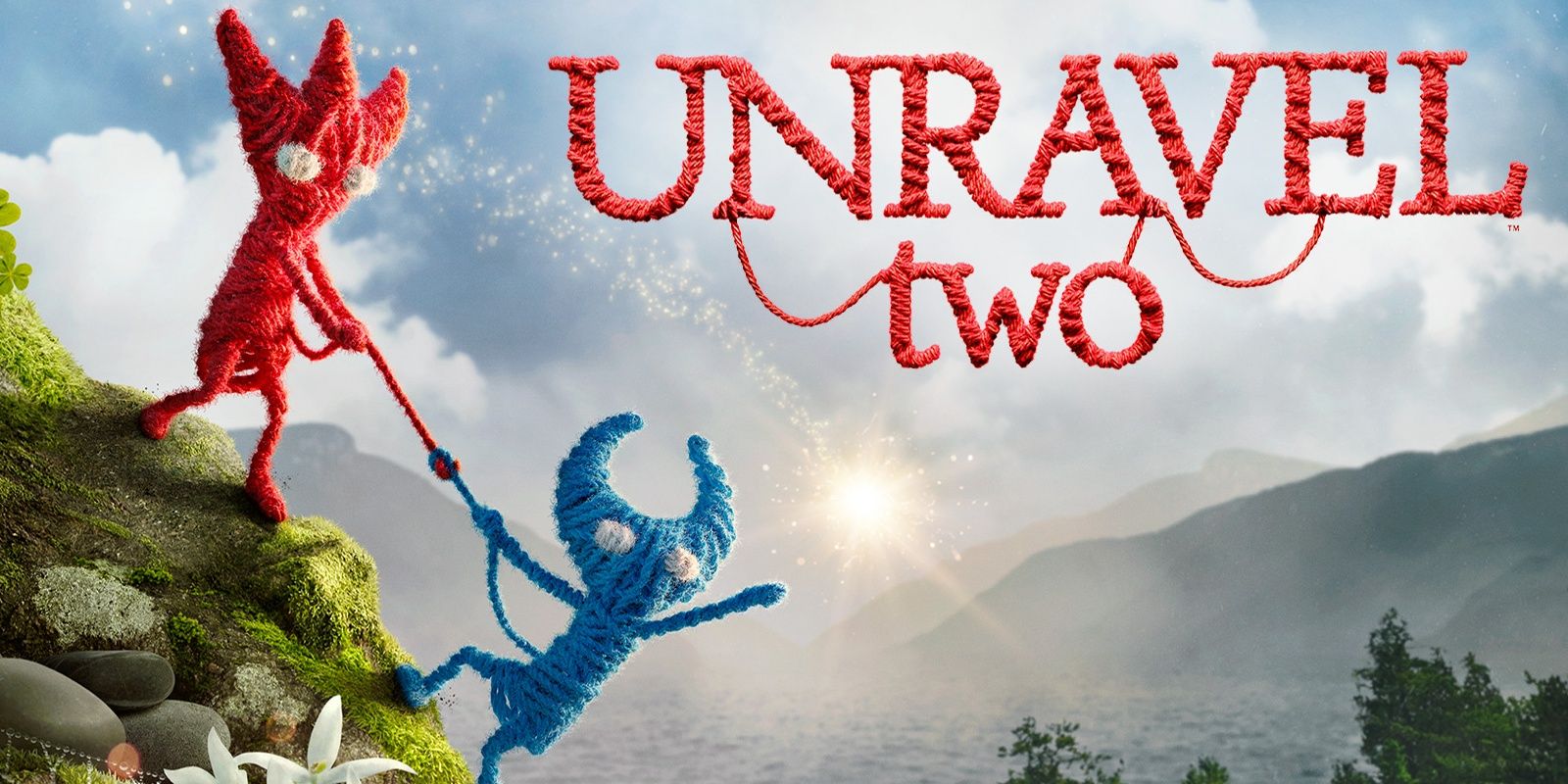 Two characters helping each other climb mountain from Unravel Two with title