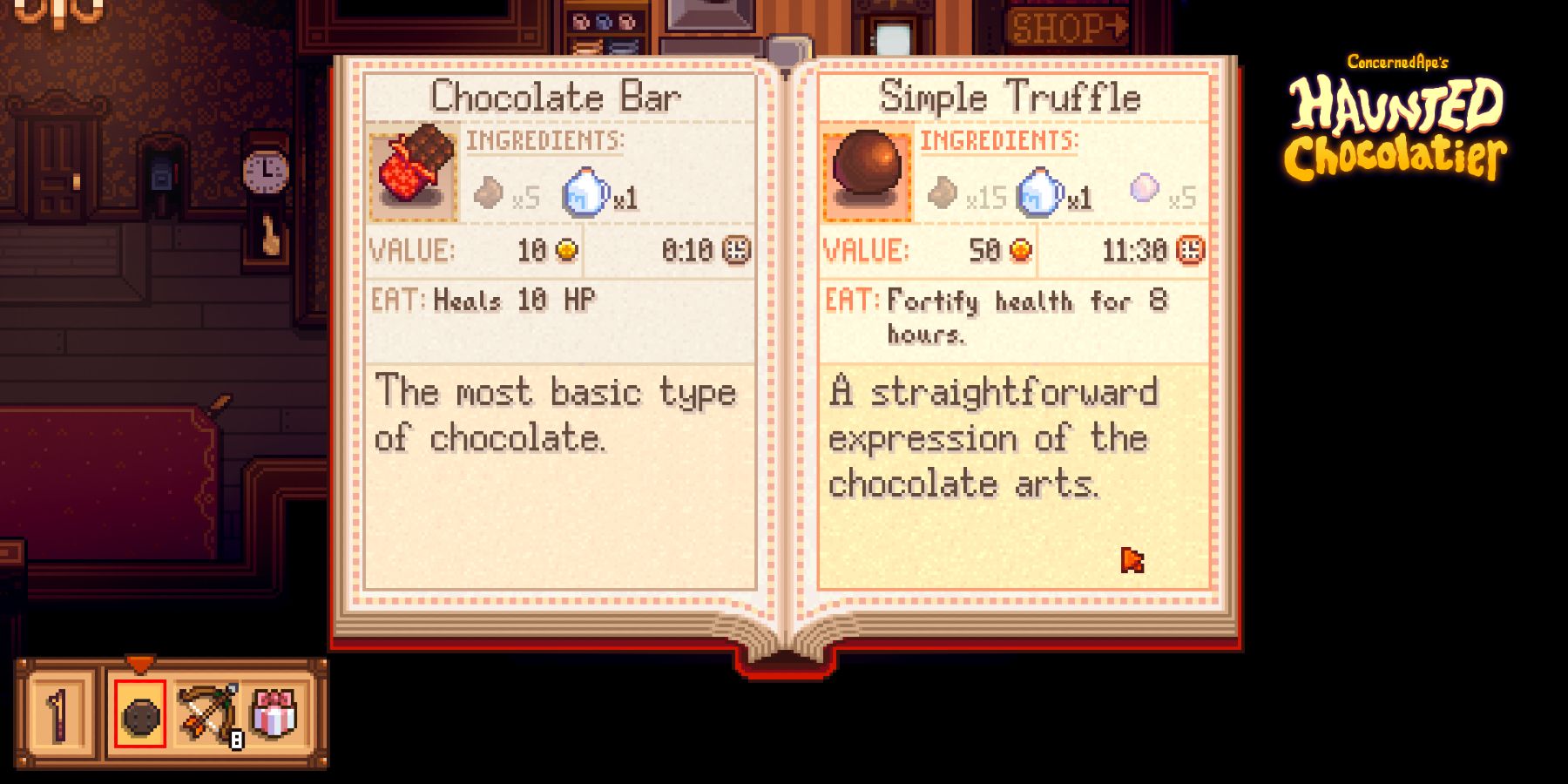 Haunted Chocolatier recipe book chocolate bar simple truffle screenshot