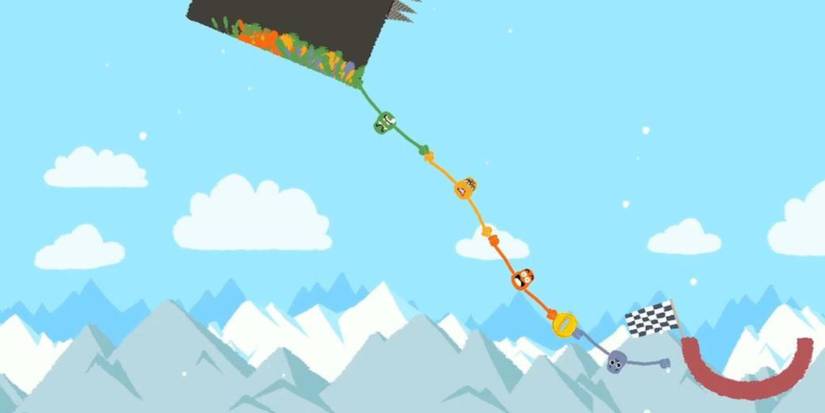 Four players using eachother to grapple towards the finishline in Heave Ho