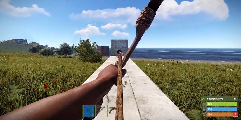 A player aiming a bow with High Velocity Arrow equipped at a wall in Rust