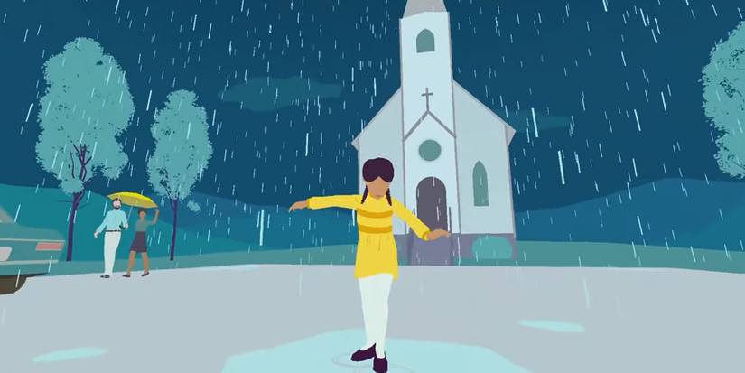 Hindsight Mary playing in the rain outside church