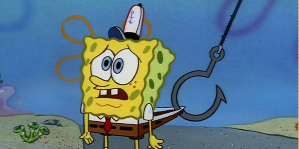 SpongeBob has a fishing hook in his pants. Image source: twitter.com