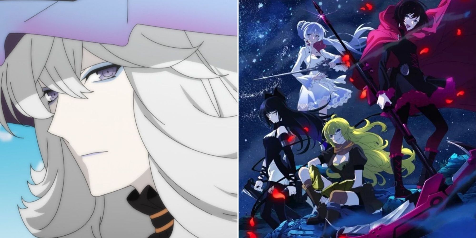Collage image of Shion Zaiden from RWBY, and the 4 RWBY main characters posing on a snowy hillside