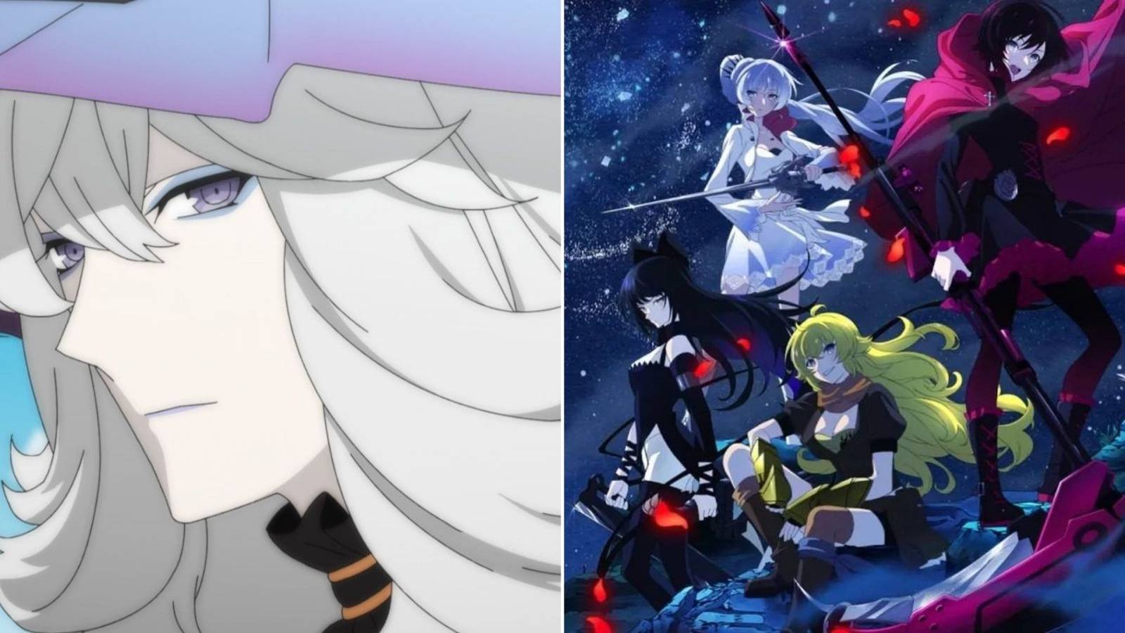 Collage image of Shion Zaiden from RWBY, and the 4 RWBY main characters posing on a snowy hillside