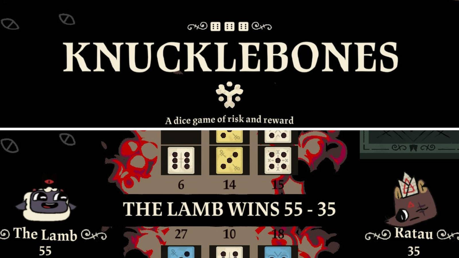 The top image shows the Knucklebones logo and the bottom shows that The Lamb from Cult of The Lamb has won