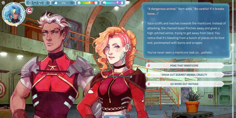 Talking to two characters in red Armor in I Was A Teenage Exocolonist