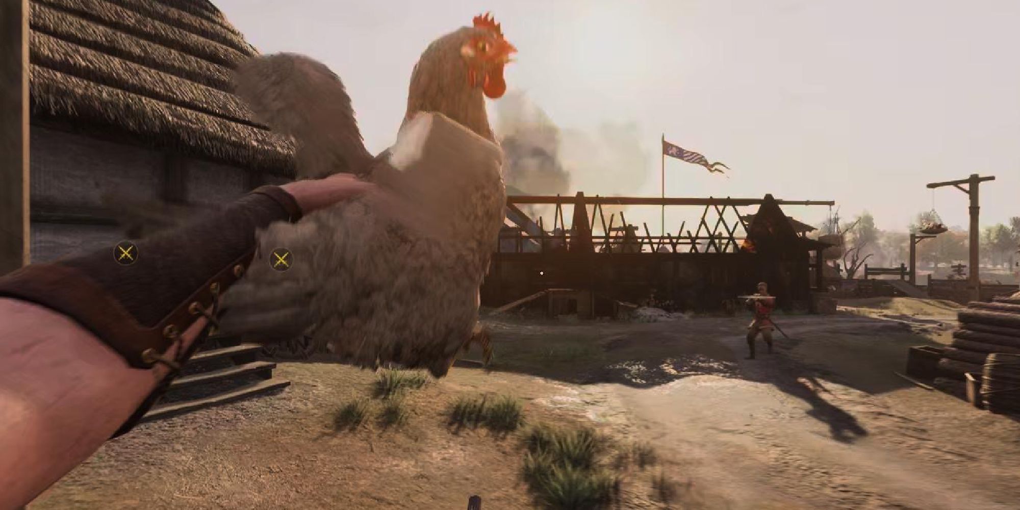 A Chivalry 2 player flourishing their chicken to a nearby opponent during a team match.