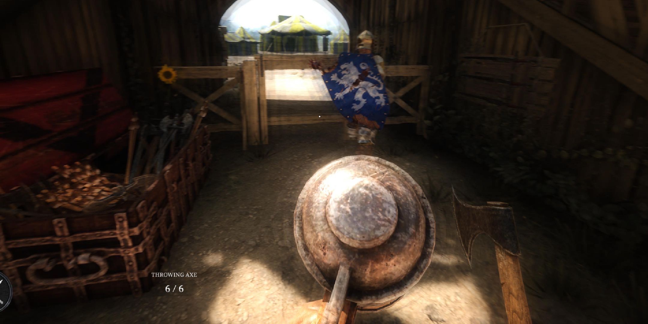 A first-person view of a Chivalry 2 player drinking before a duel at Tournament Grounds. 