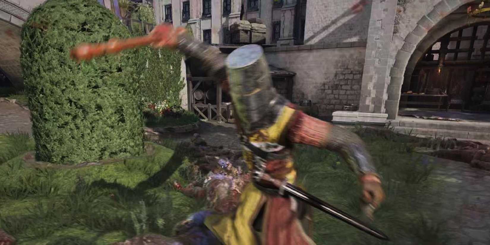 A Chivalry 2 player watching an opponent swing a recorder at the Courtyard.