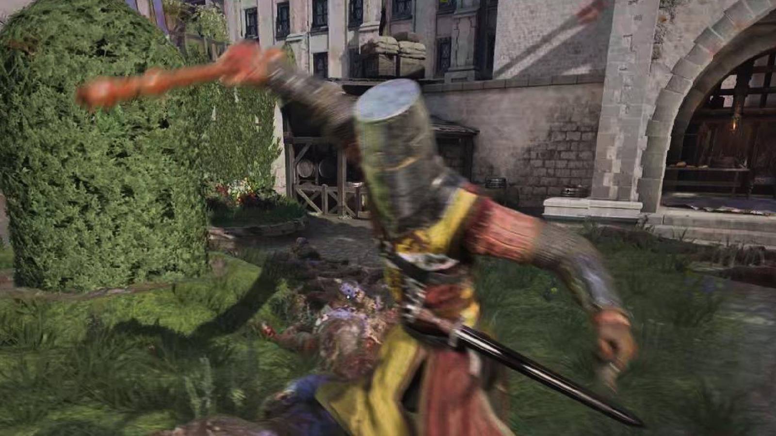 A Chivalry 2 player watching an opponent swing a recorder at the Courtyard.