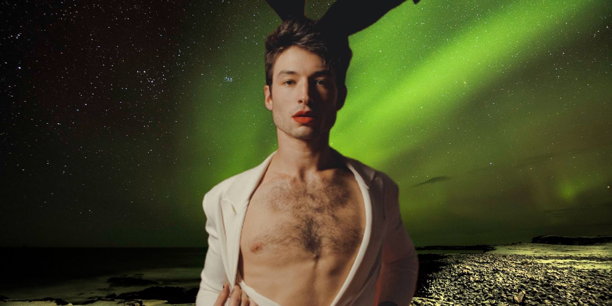 Ezra Miller Playboy photo with Iceland northern lights background