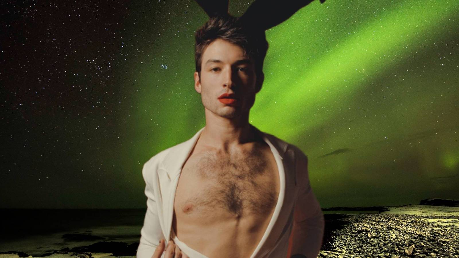Ezra Miller Playboy photo with Iceland northern lights background