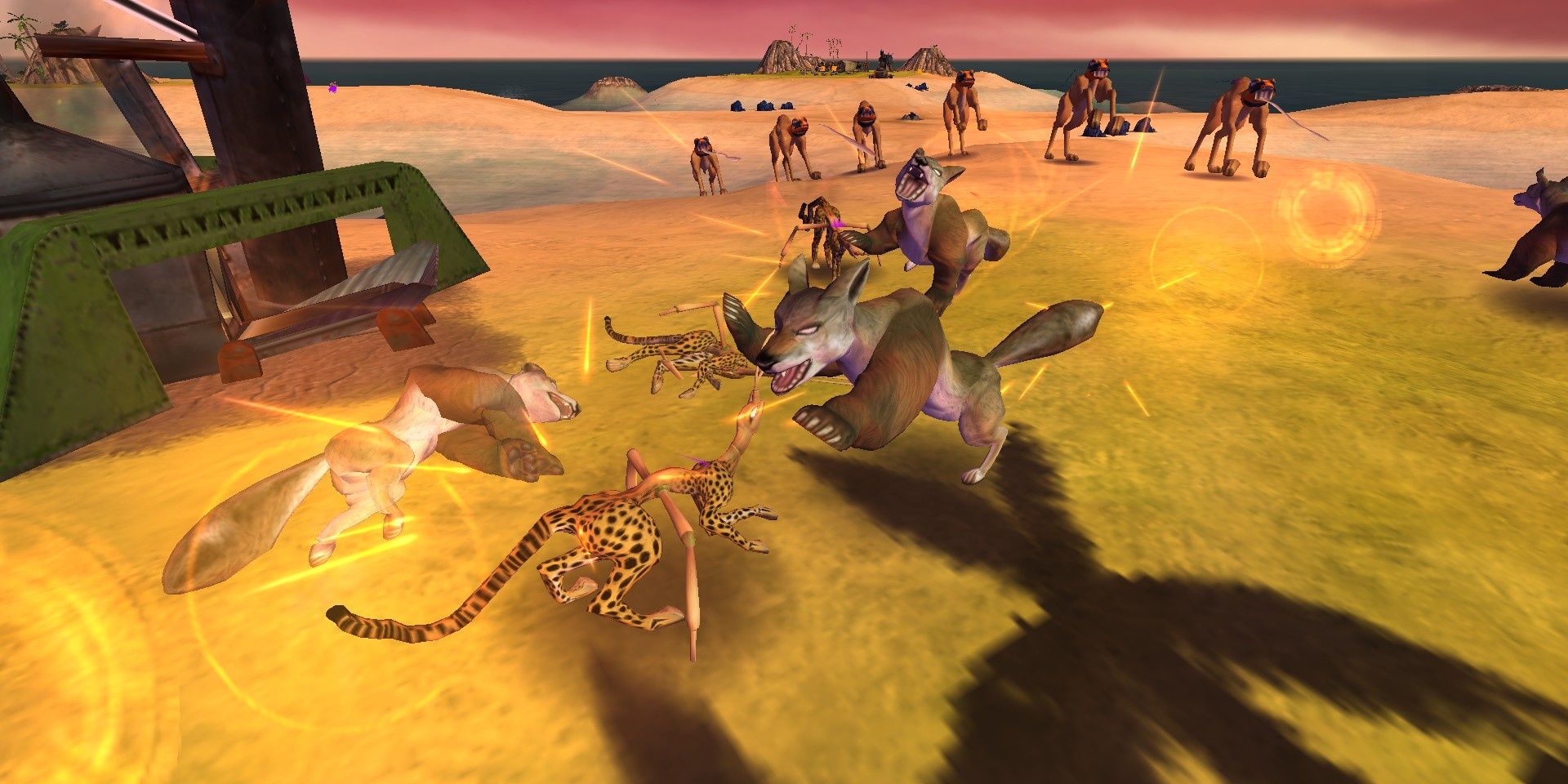 Волк атакует леопарда-модификатора с ногами насекомого в Impossible Creatures: Steam Edition.