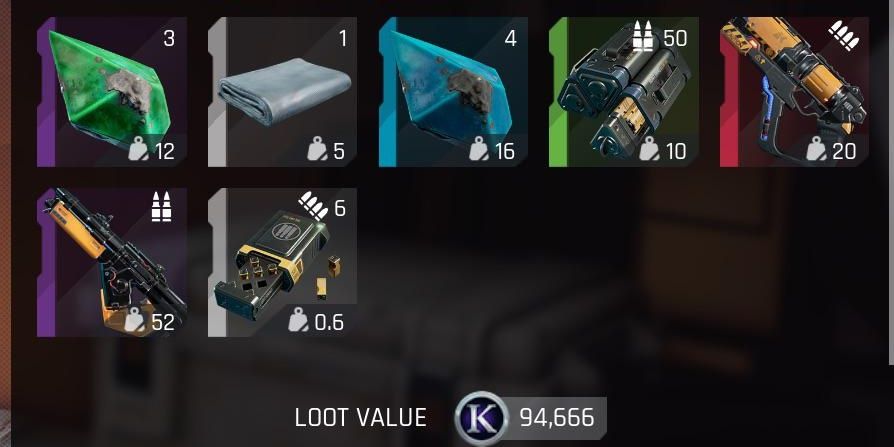 A players inventory in The Cycle: Frontier, it shows a variety of resources and weapons one of them being the KBR Longshot