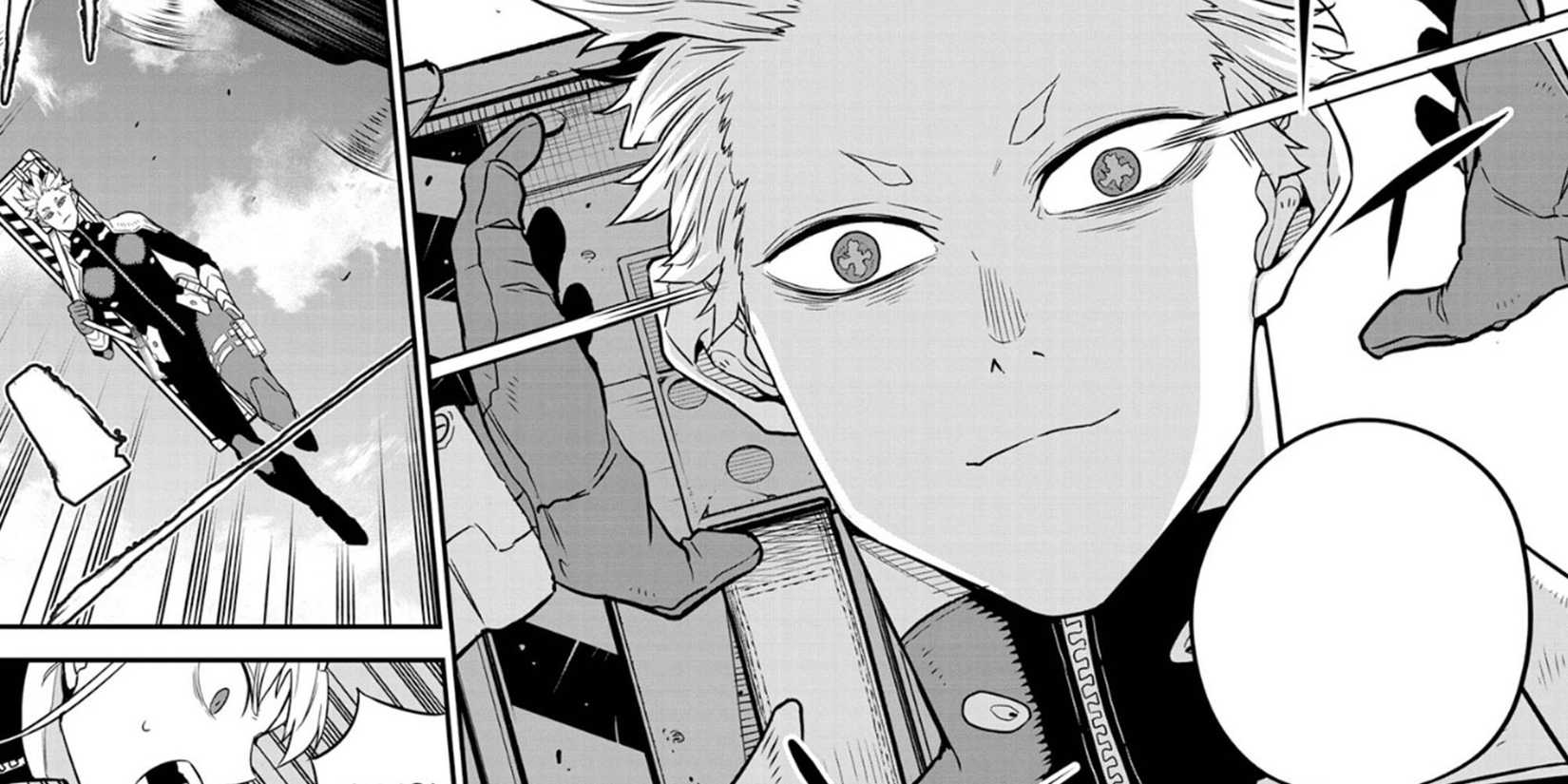 Kaiju No 8 - Gen Narumi Showing His Numbers Weapon Eyes As He Jumps From A Helicopter