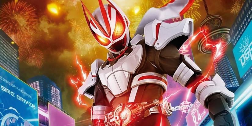 A poster image of a Kamen Rider with a black bodysuit and white and red armour