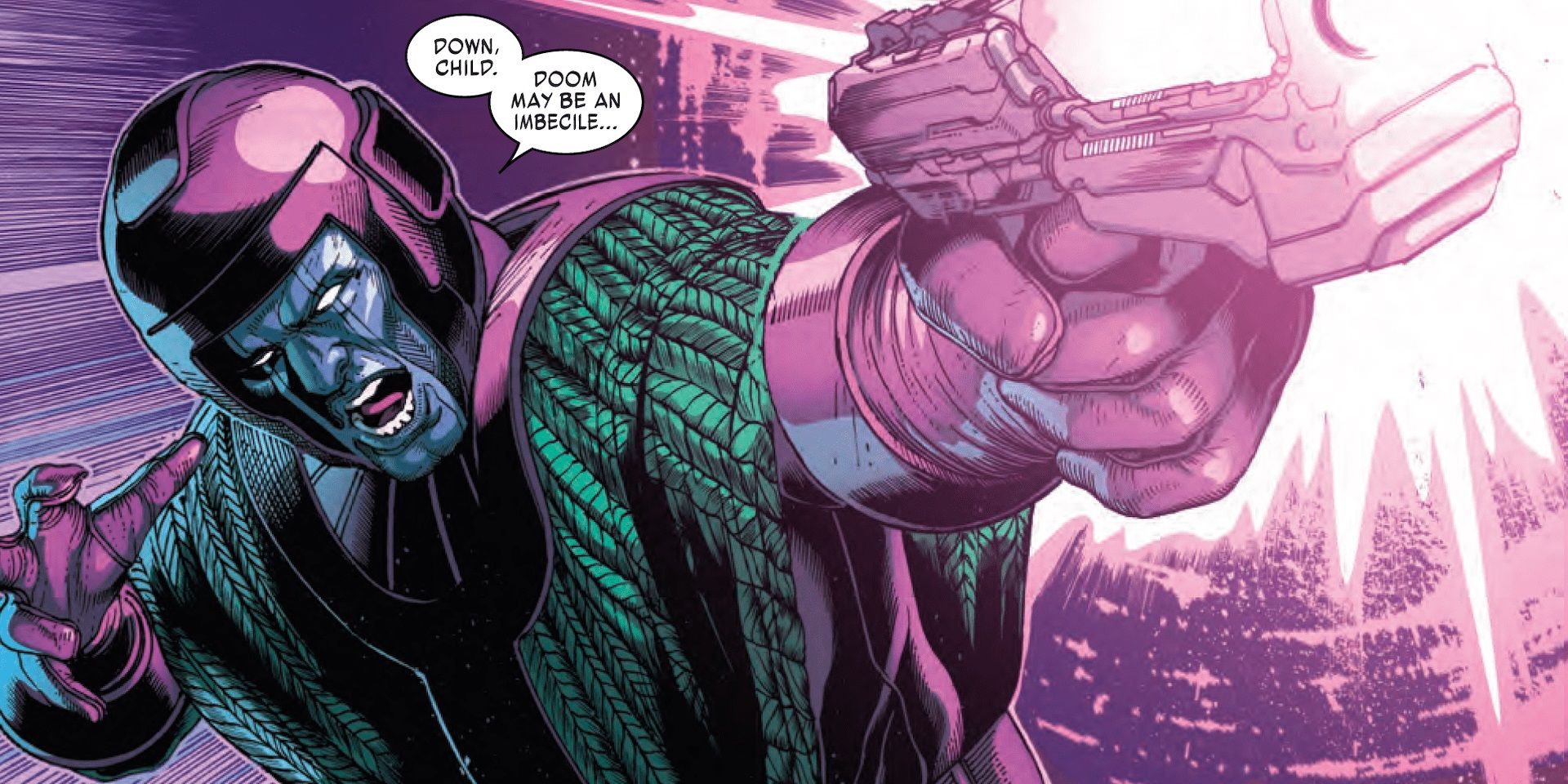 Kang the Conqueror firing a laser gun in a Marvel comic book