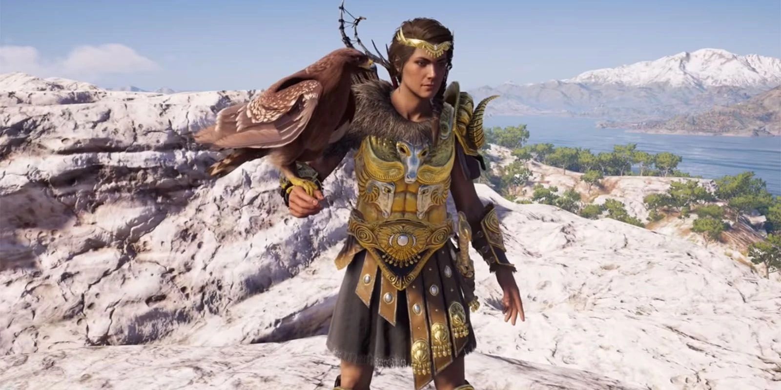 Kassandra wearing Greek Heroes Set with Ikaros on her arm