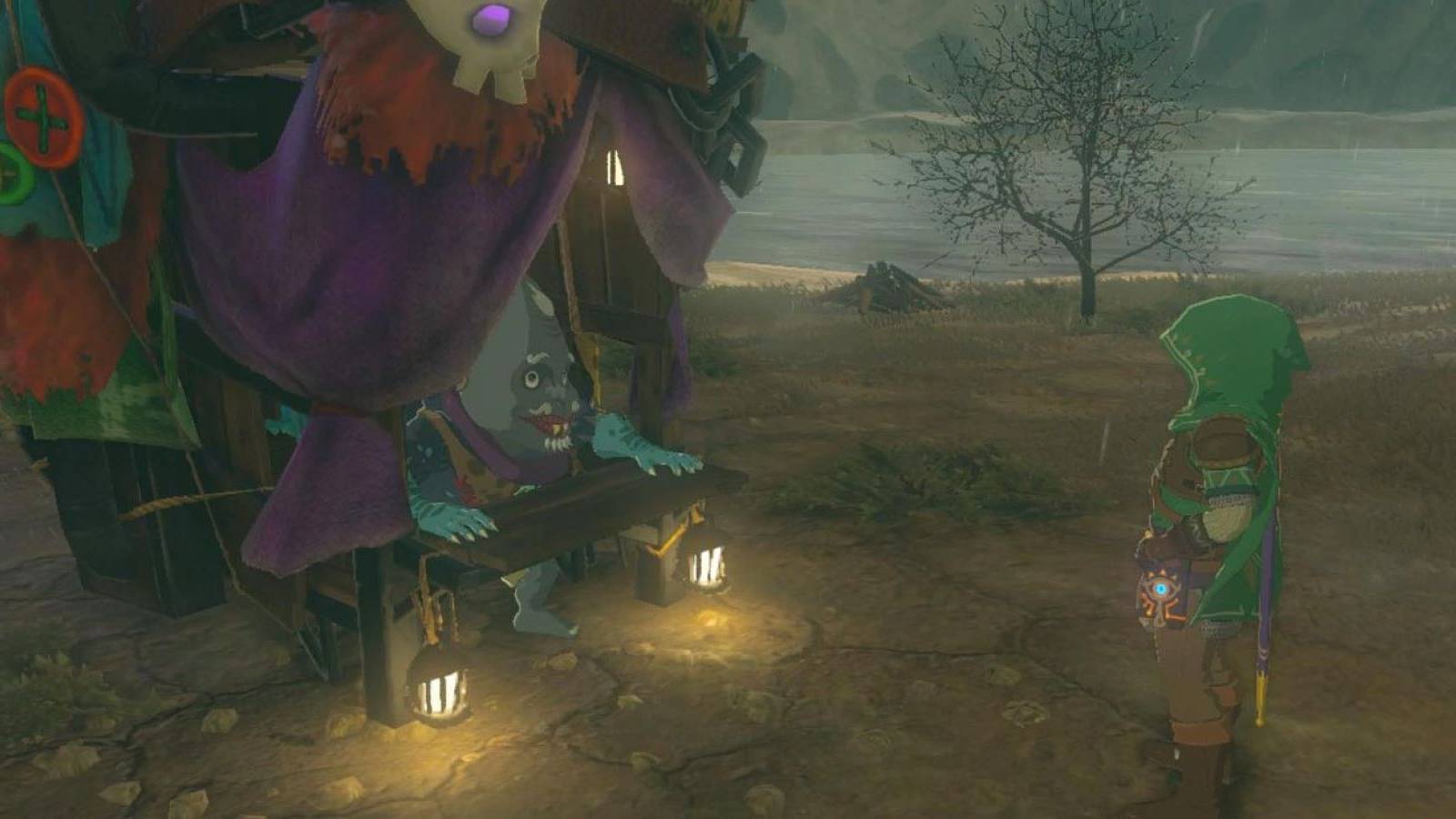 Link visiting Kilton's Fang and Bone shop in The Legend of Zelda: Breath of the Wild