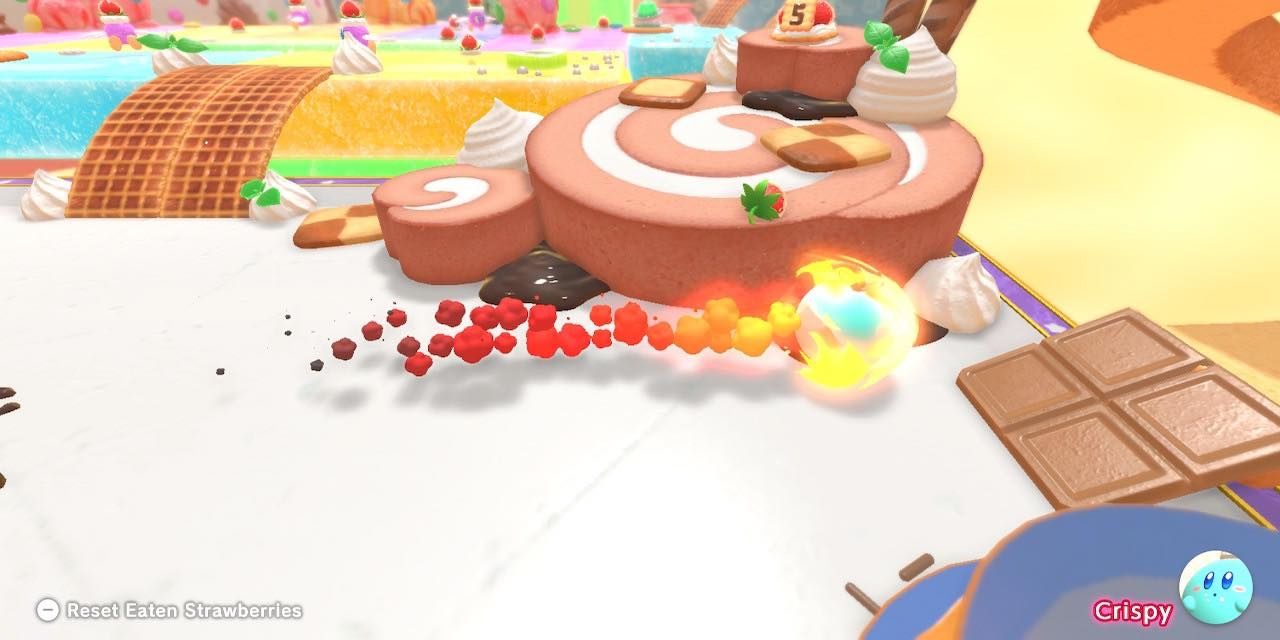 Скриншот Кирби в виде огненного шара, стреляющего вправо в Kirby