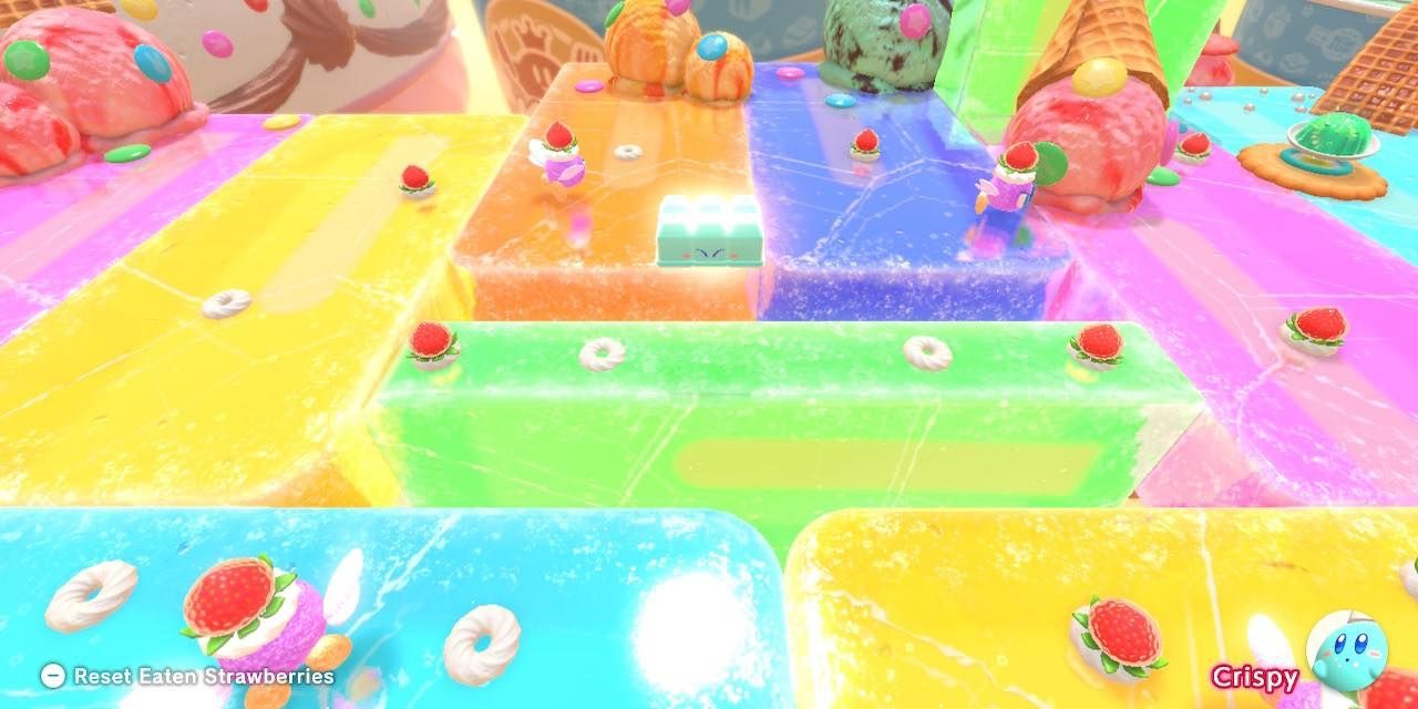 Скриншот: Кирби в образе Шоколадного камня, который вот-вот бросится на сосульки в Kirby