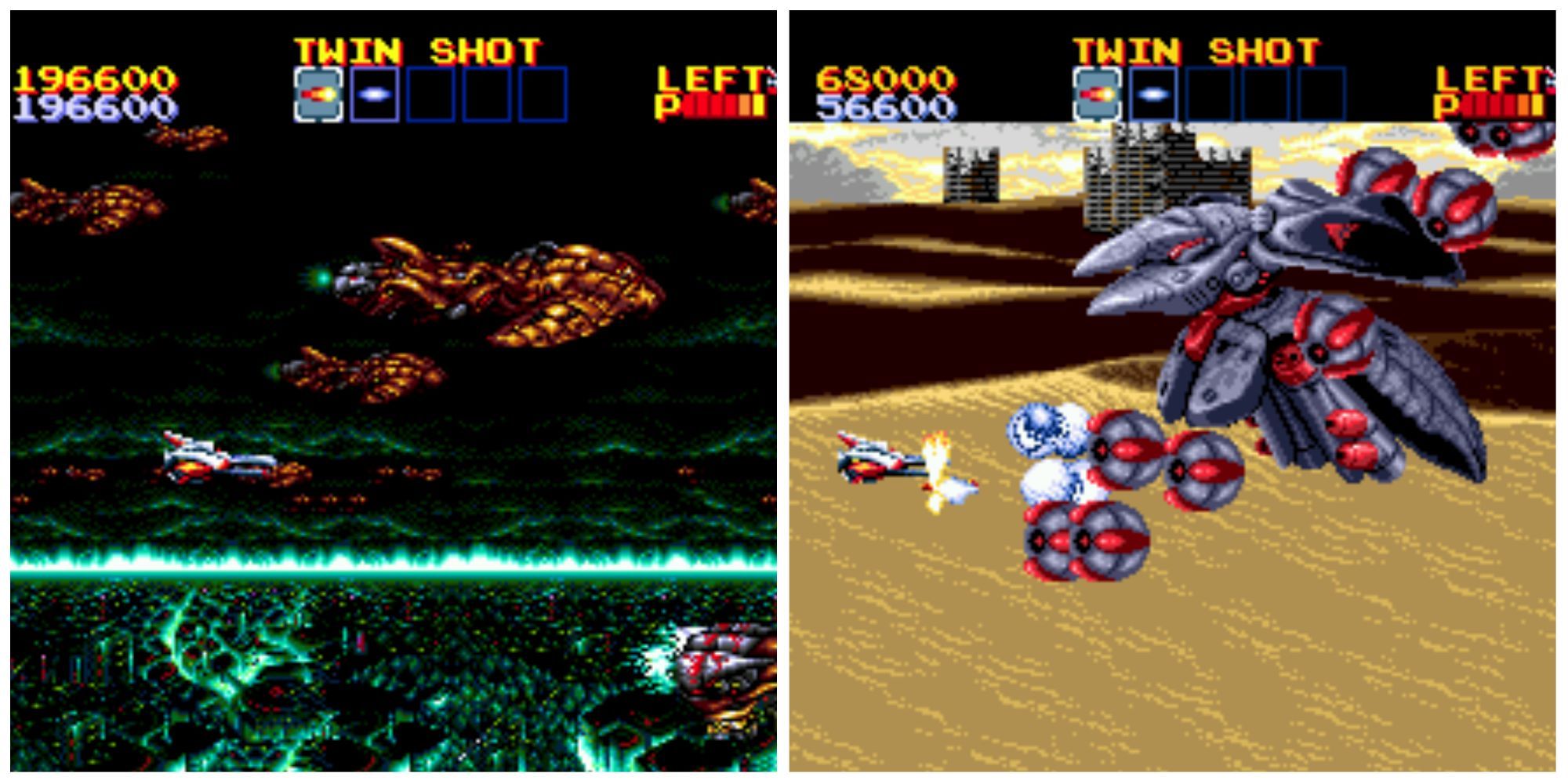 Left - Flying over a city at night, the sky is filled with alien ships, Right - Fighting a large robot boss in the desert