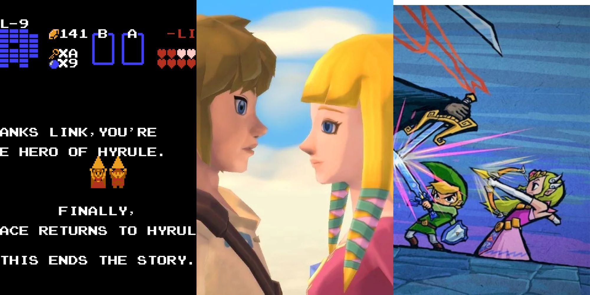 Left - Link and Zelda at the End of the Original legend of Zelda, Center - Link and Zelda from Skyward Sword, Right - Link and Zelda Fighting Ganondorf in Wind Waker 