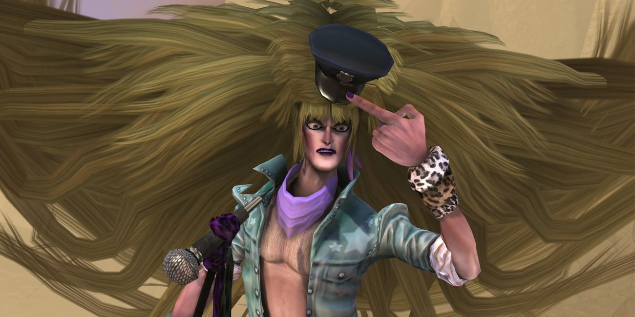 Lionwhyte pointing at his police hat in Brutal Legend