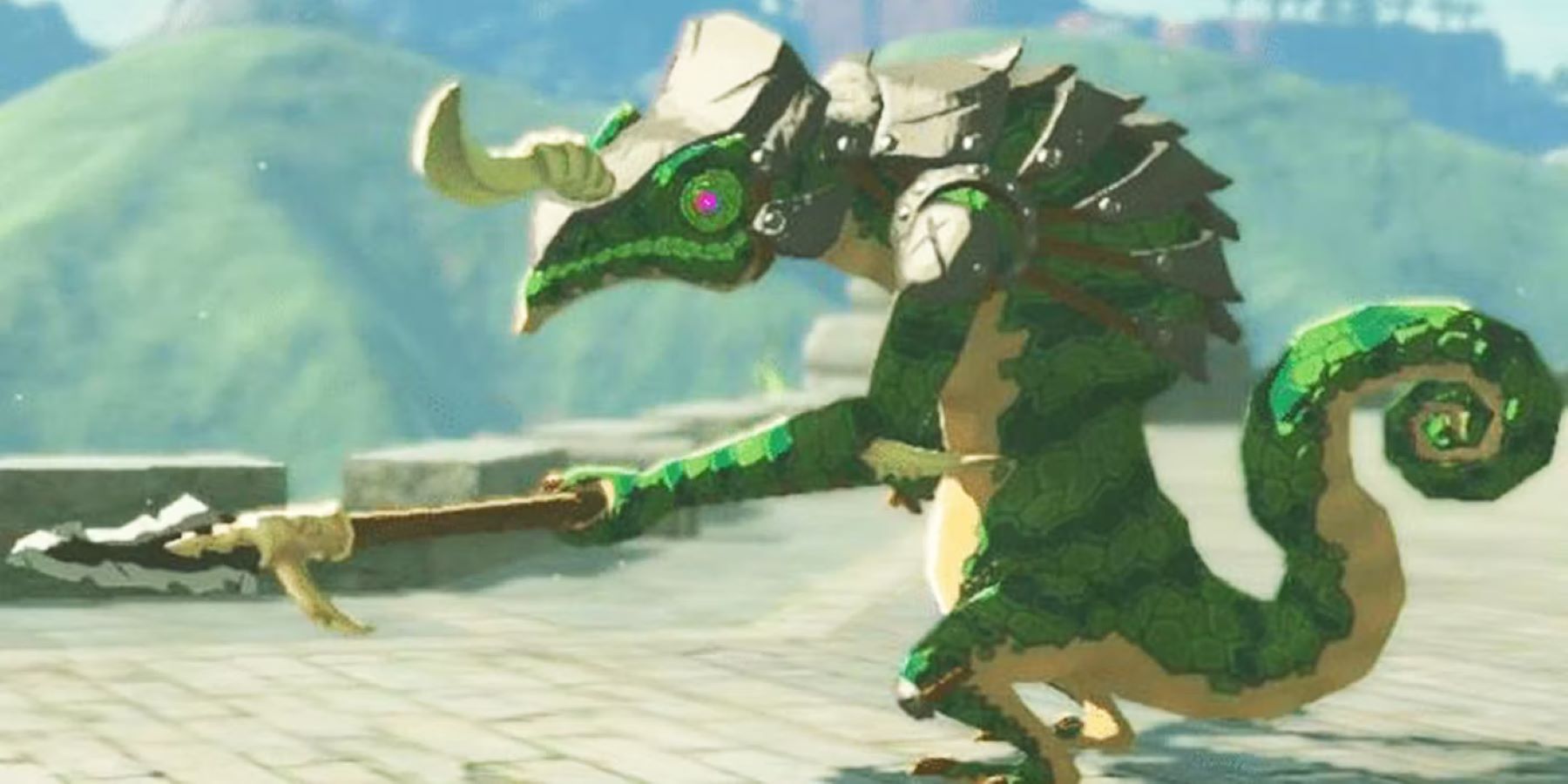 A Lizalfos holding aloft a Lizal spear in The Legend of Zelda: Breath of the Wild 2