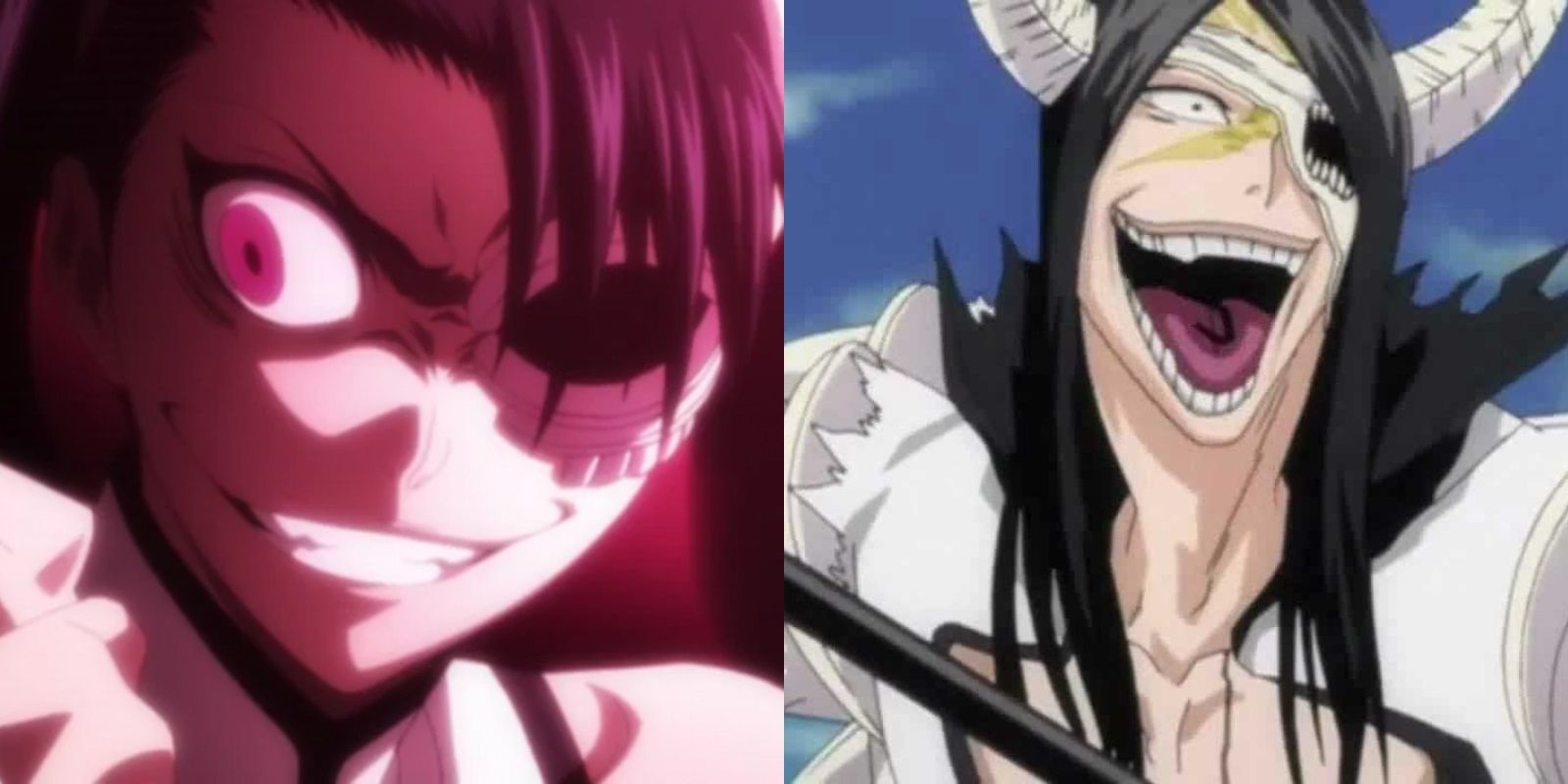 Split image of Loly Aivirrne smiling and Nnoitra Gilga laughing in Bleach