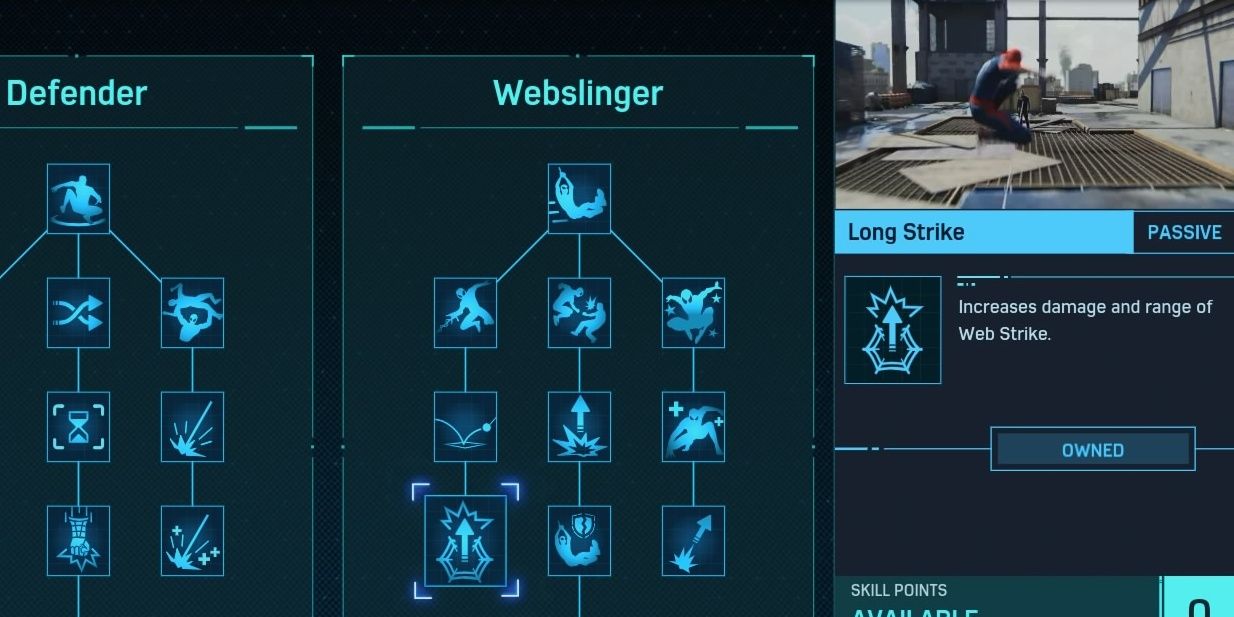 Long Strike skill in the Webslinger skill tree from the Marvel's Spider-Man Game