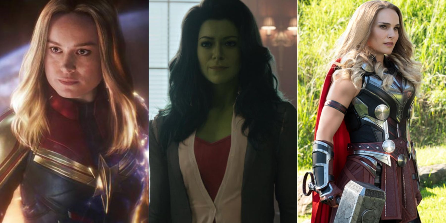 A split image features the MCU versions of Captain Marvel, She-Hulk, and Mighty Thor