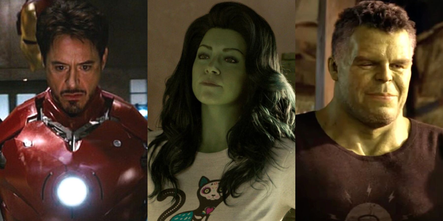 A split image features the MCU version of Iron Man, She-Hulk, and Hulk
