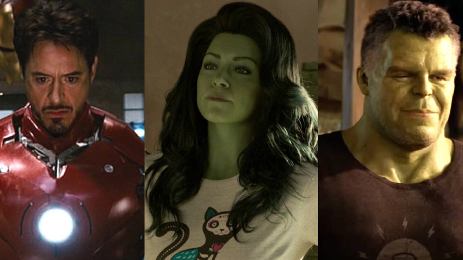 A split image features the MCU version of Iron Man, She-Hulk, and Hulk