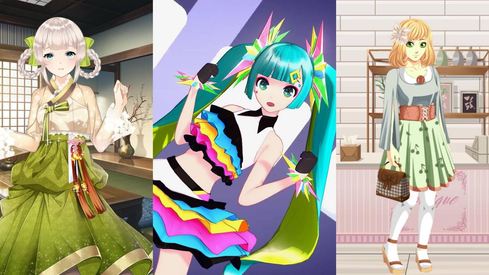 Maiden in Asian Maiden Creator, Hatsune in Hatsune Miku Project DIVA Mega Mix+, girl in Tailor Tales 