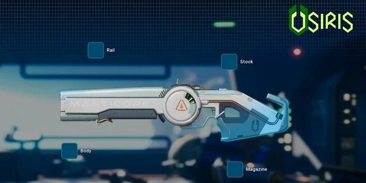 The Manticore Assault Rifle from The Cycle: Frontier, it shows the faction logo of Osiris in the corner