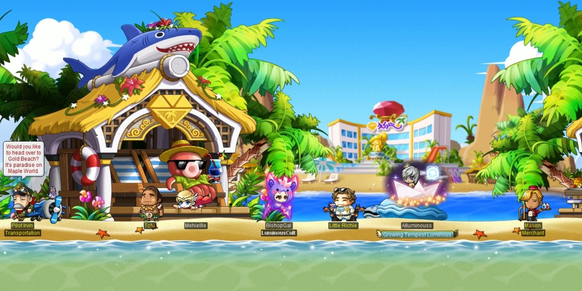 characters on the beach in MapleStory
