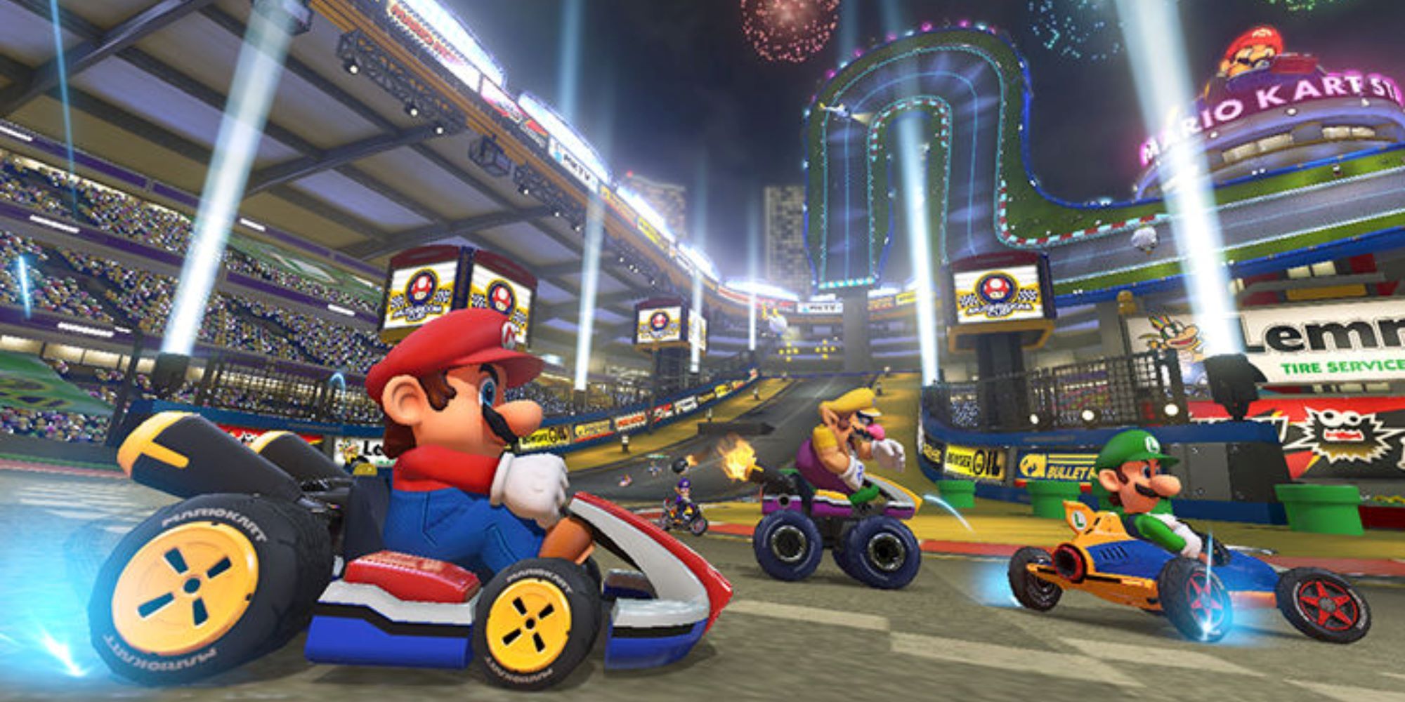 Mario, Luigi, and Wario drifting around Mario Circuit 