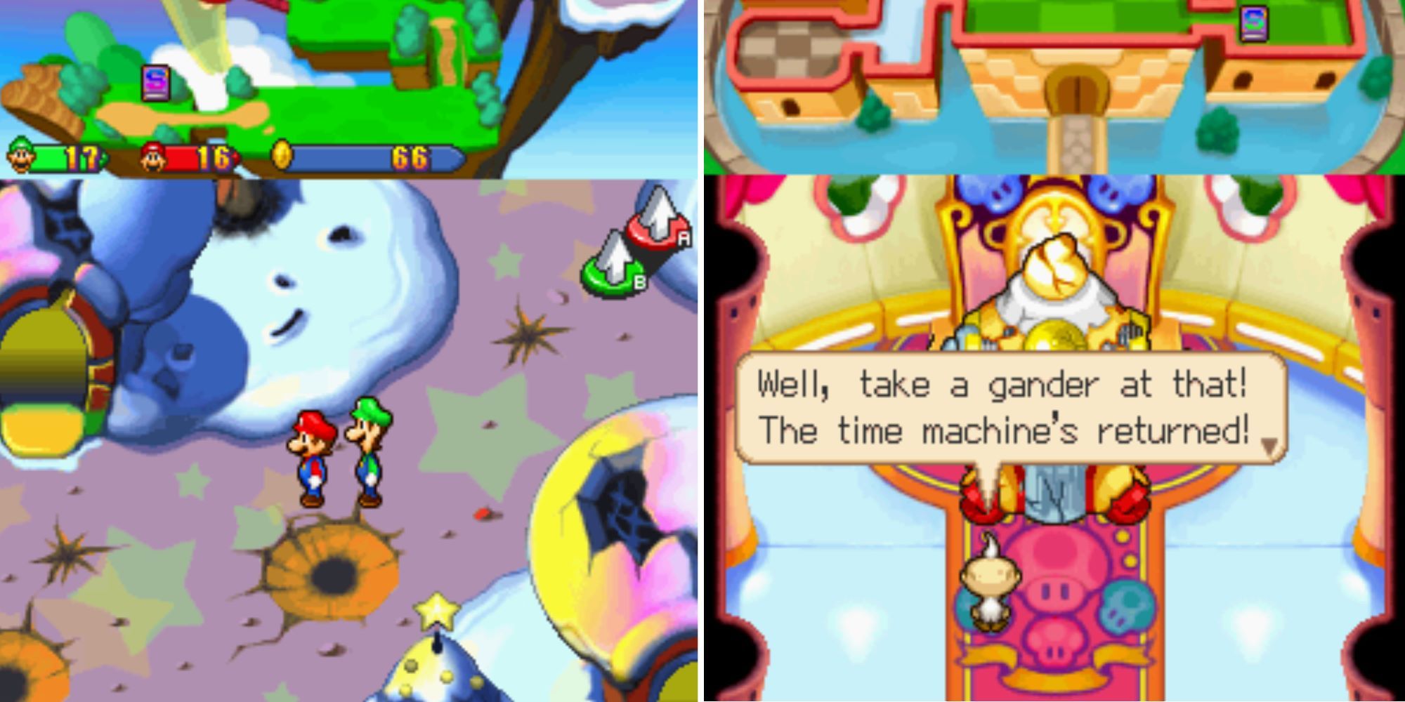 Left- Mario & Luigi in a destroyed village, Right - Professor E. Gadd with his time machine in Peach's castle 