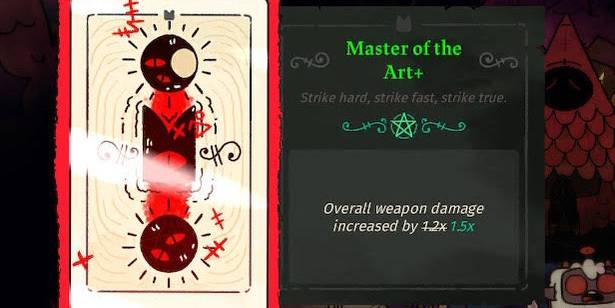 Master of The Art tarot card from Cult of the Lamb, it shows the hat the lamb wears with a moon above and below it, the card shines to show it's a better quality