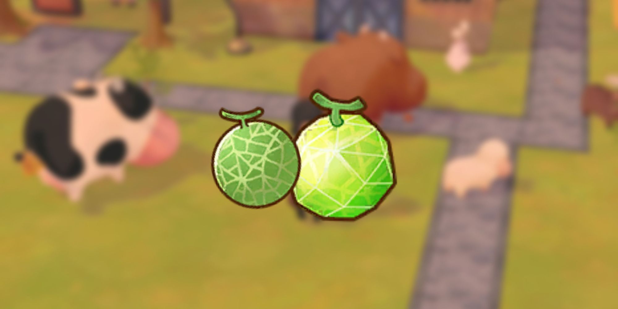 Melon and Jewel Melon icon as it would be seen in players inventory over blurred background of player and cows in game