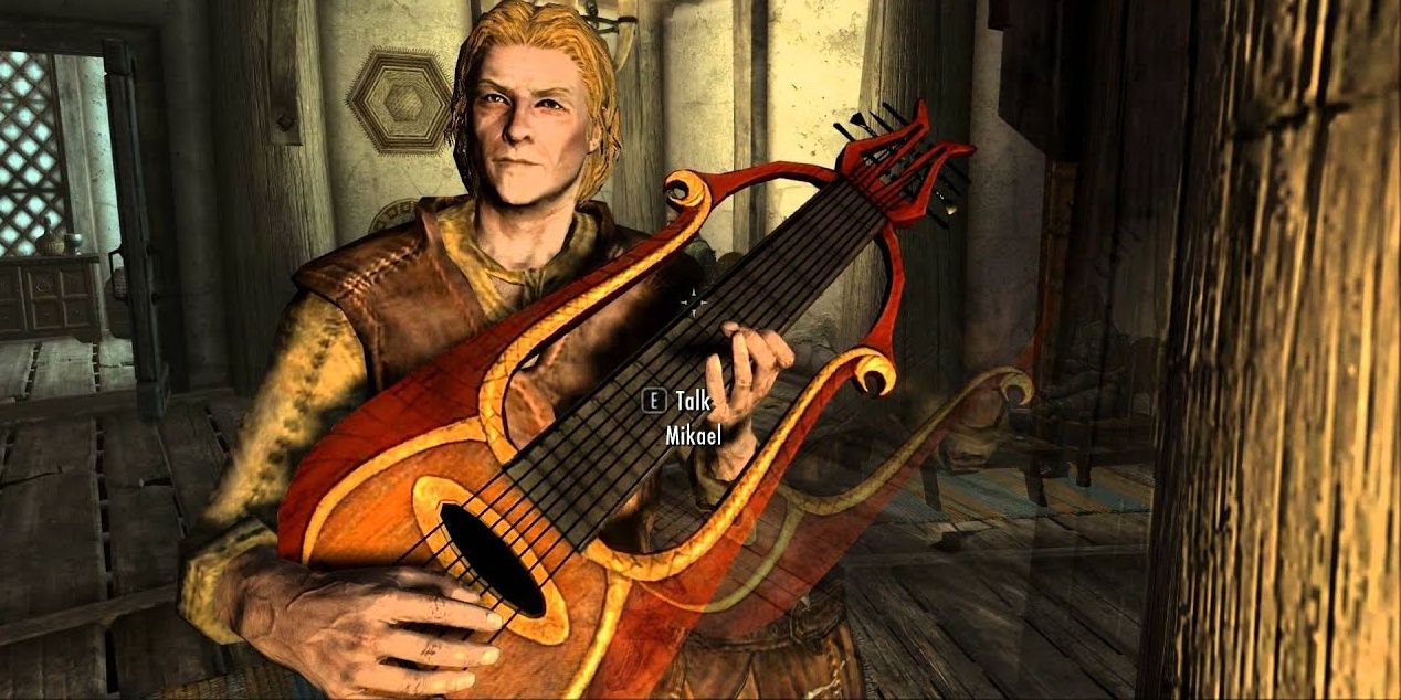 Mikael playing a Lute in the tavern called the Bannered Mare in Skyrim