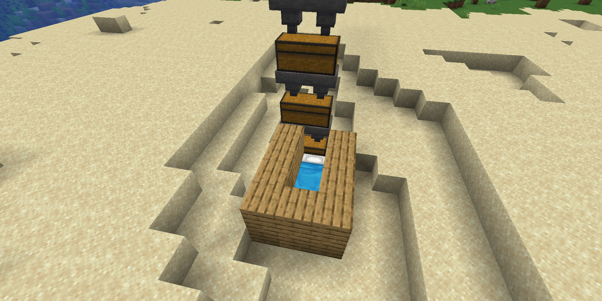 A Minecraft bed with some wood around it in front of stacked chests and hoppers