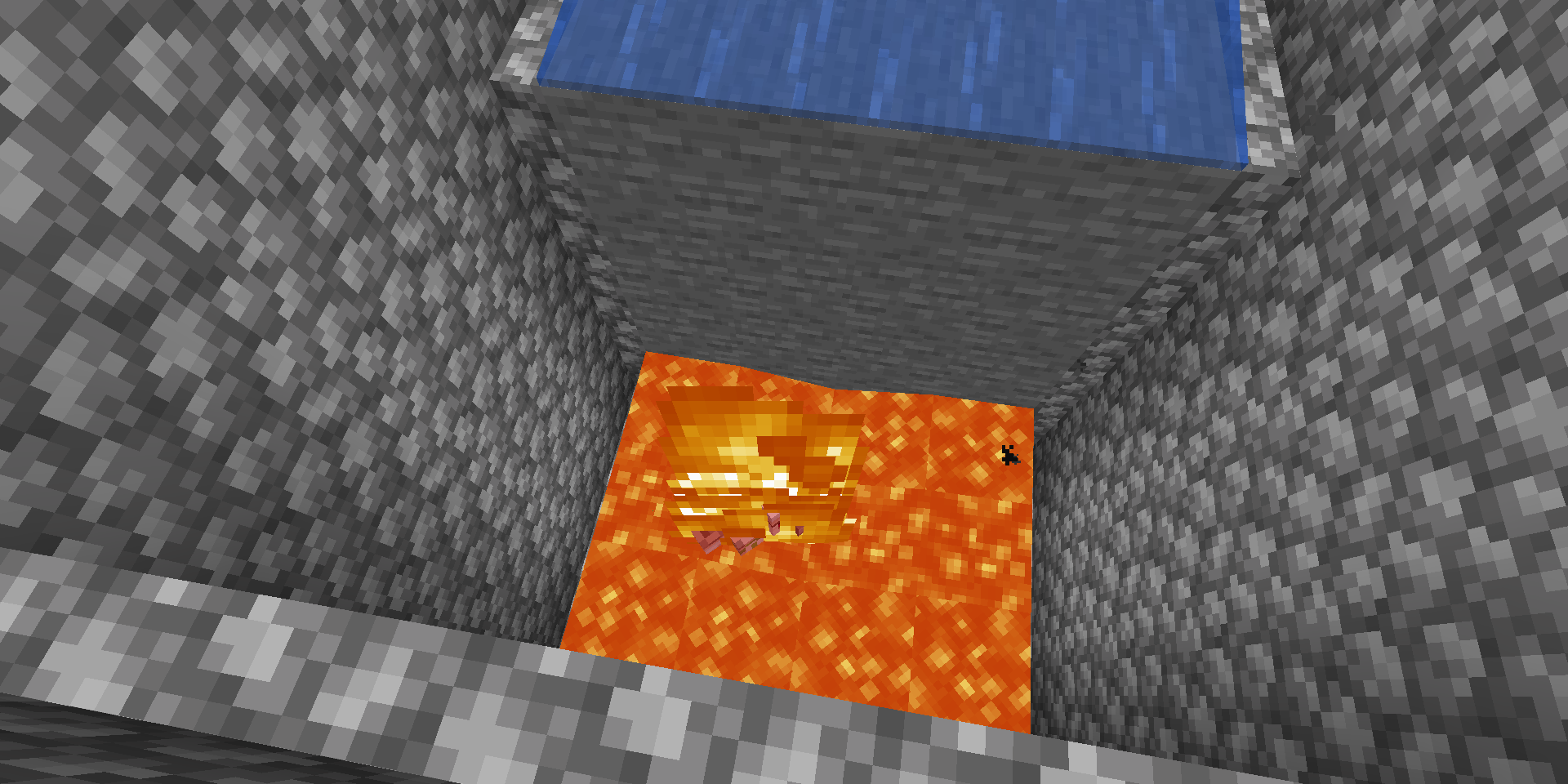 A Minecraft lava pool with a burning iron golem in it surrounded by cobblestone walls