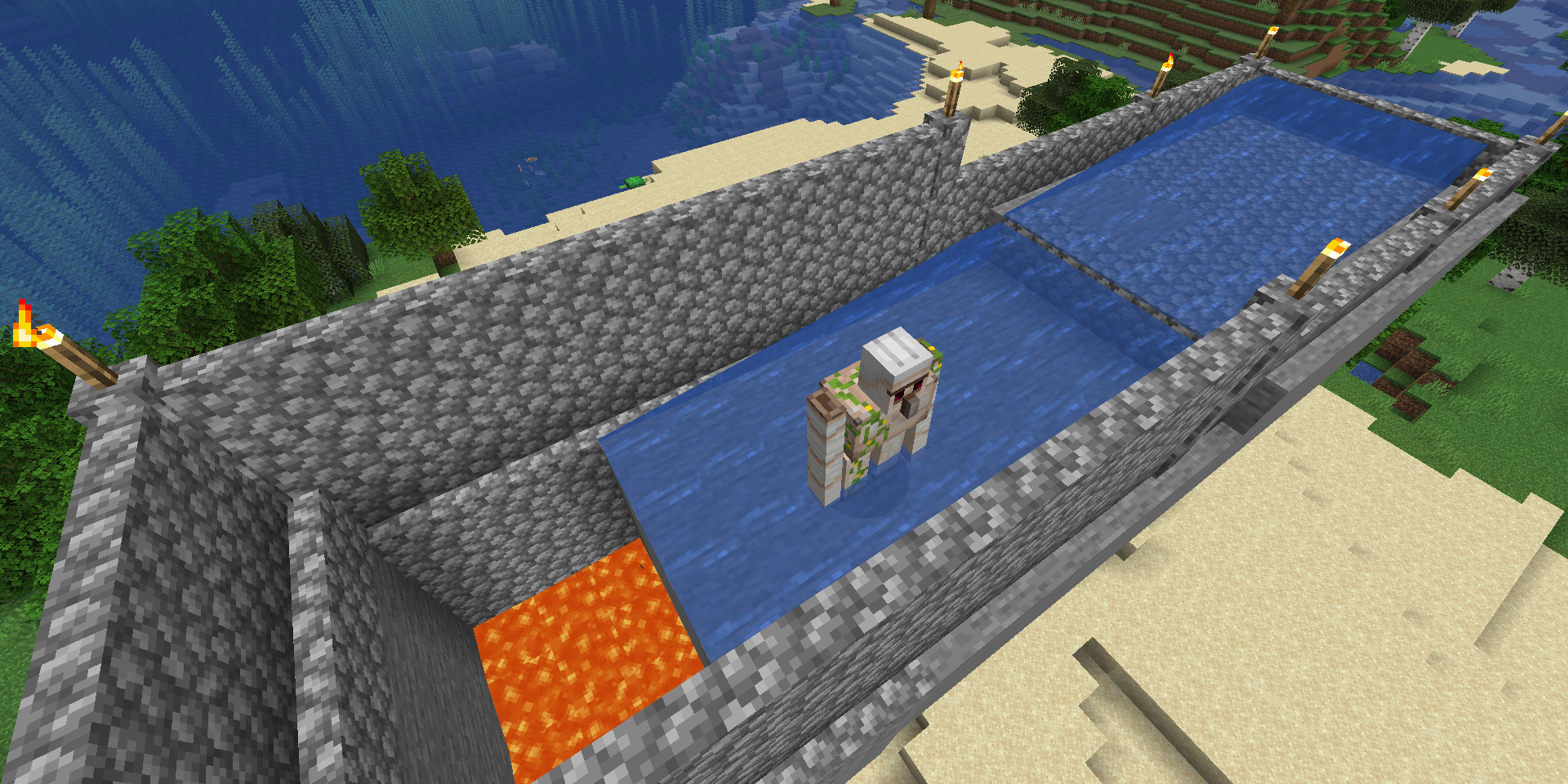 A working iron farm in Minecraft with an iron golem sailing to lava