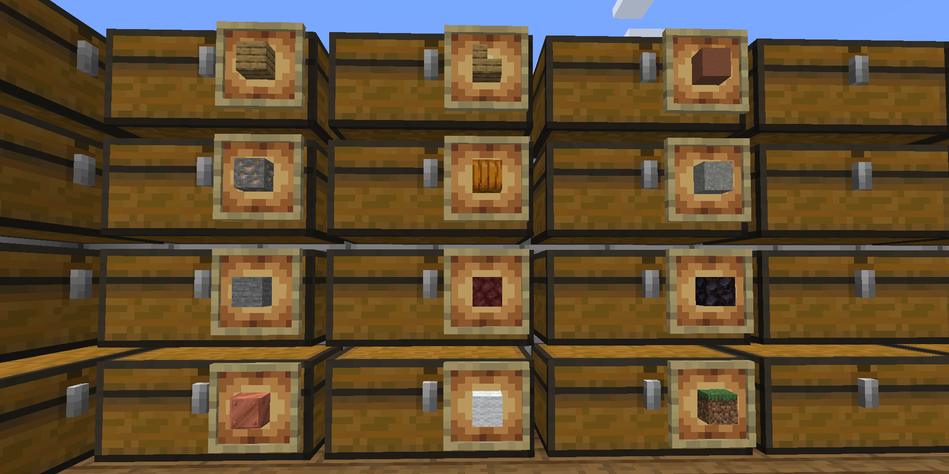 Individual Minecraft double chests with an item frame on each of them