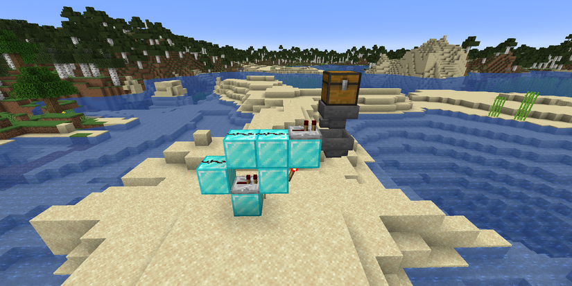 A simple Minecraft item sorter redstone design using diamond blocks