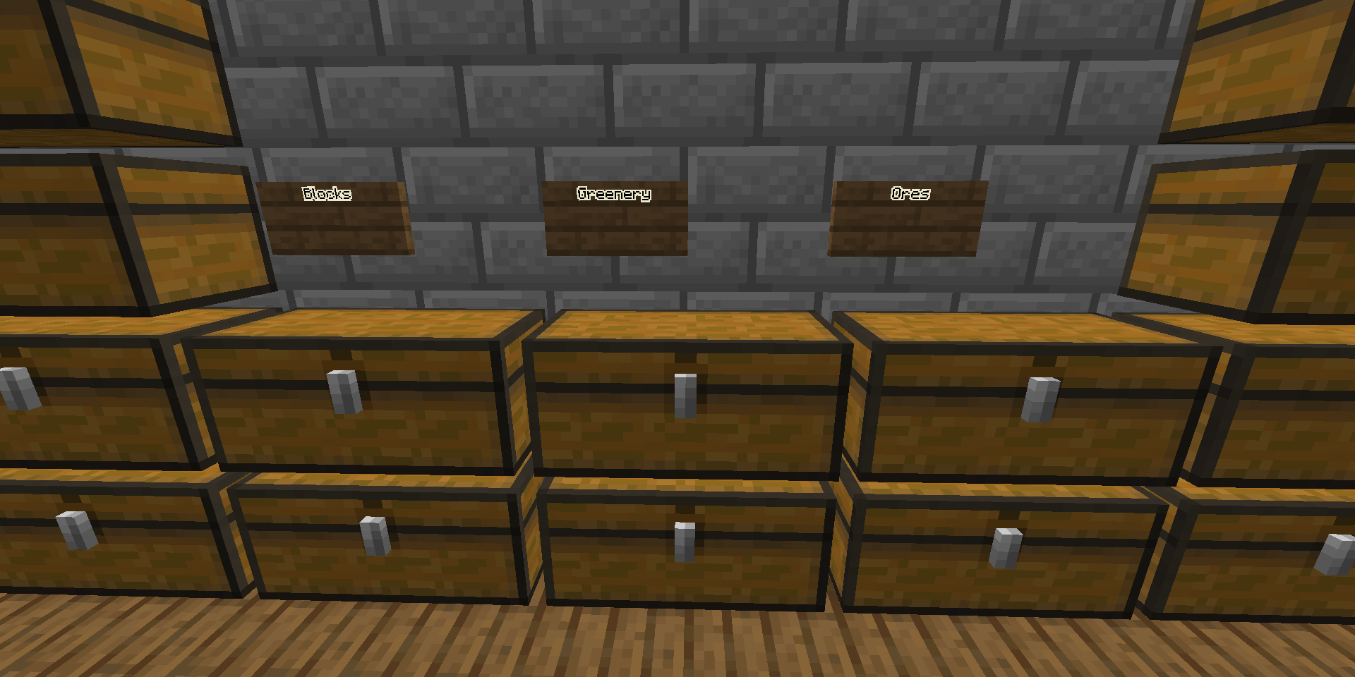 Signs that say "Blocks," "Greenery," and "Ore" above Minecraft chests